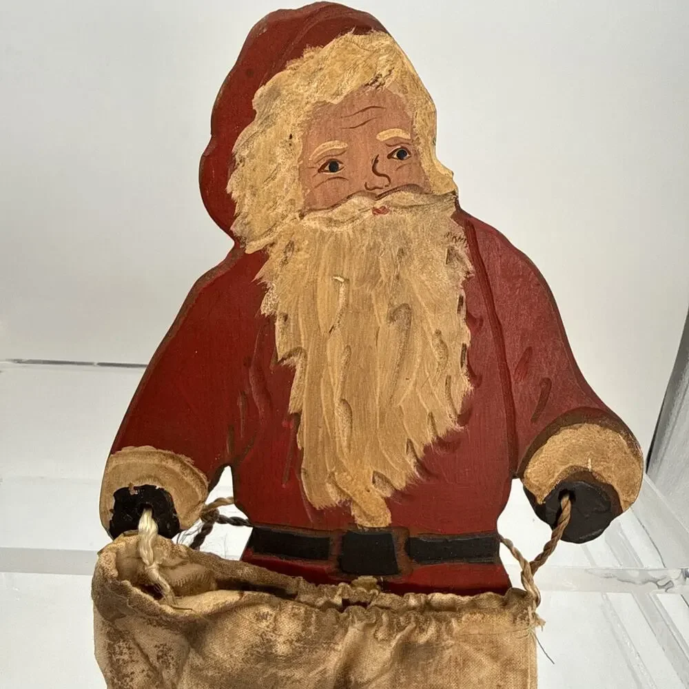 Vintage Hand Painted Wooden Folk Art Santa Artist Signed 1988 Primitive